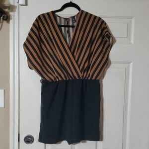 SHEIN Black and Brown Striped V-Neck Romper